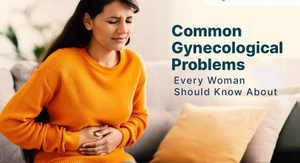 Woman holding her lower abdomen with pelvic pain