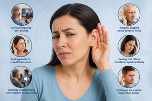 Woman cupping her ear, a common sign of hearing problems