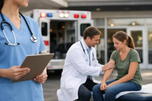Doctor examining a patient's arm at an urgent care center