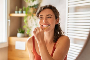 Smiling woman brushing her teeth for healthy teeth and gums